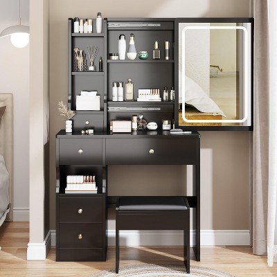 Angel Sar Black Makeup Vanity Set with Cushioned Stool, 3 Lighting Modes Adjustable Brightness