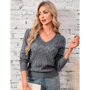 Womens V Neck Drop Shoulder Knit Pullover Long Sleeve Sweater - 1 of 4