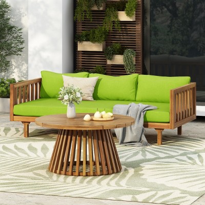 3 Seater Acacia Wood Outdoor Daybed and Coffee Table Set,2 Piece Wood Garden Furniture Sofa Set,Patio Lounge Set with Cushions-Coolbibila