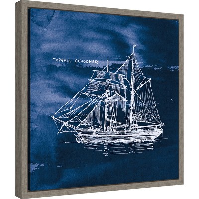 Indigo and White Sailing Ship Canvas Wall Art with Gray Frame