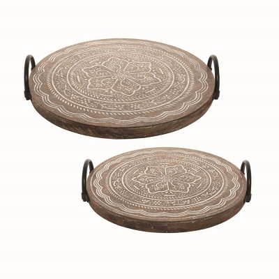 Set of 2 Rustic Wood Henna Pattern Decorative Trays with Metal Handles - Foreside Home & Garden