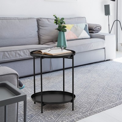 VisioGear 2-Tier Patio End Table, Outdoor Round Small Coffee Table with Removable Tray for Garden Balcony Yard, Black, 17.3"*17.3"*20.5"