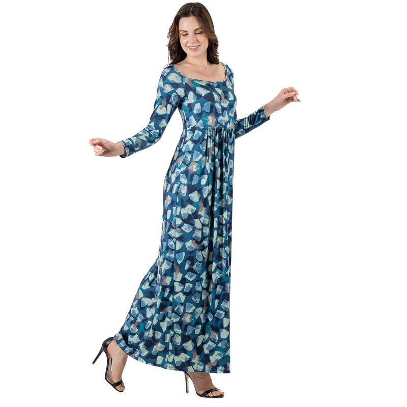 24seven Comfort Apparel Blue Abstract Long Sleeve Pleated Maxi Dress, 2 of 5