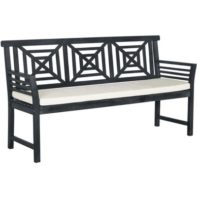 Ash Grey Acacia Wood 3-Seat Outdoor Bench with Beige Cushion
