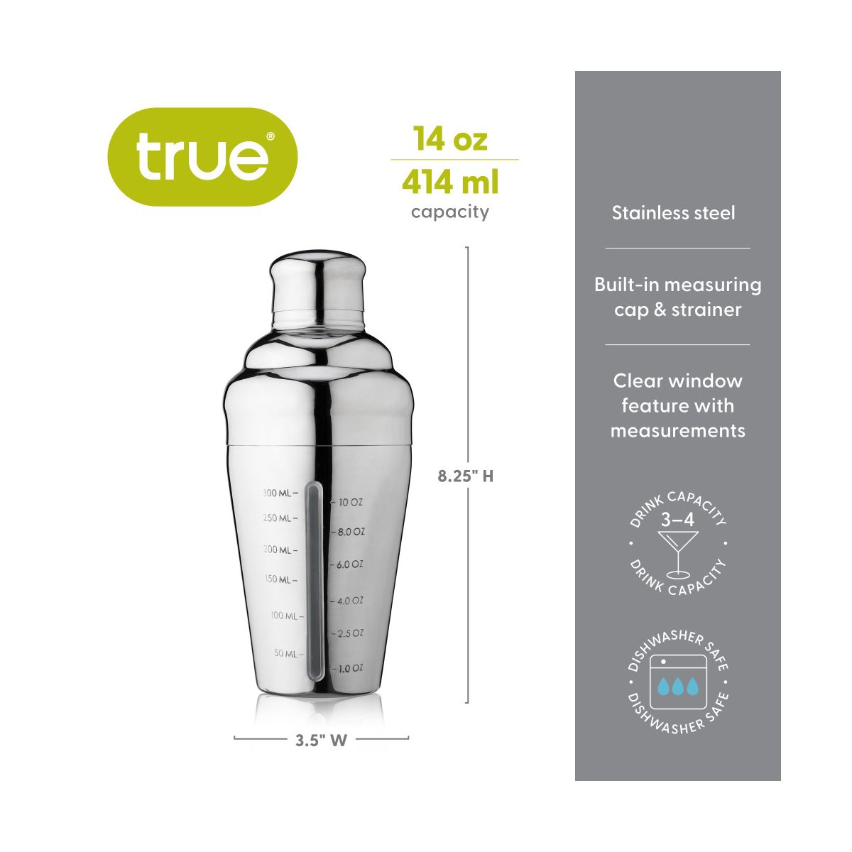 True Vista Measured Cocktail Shaker, 14 oz Stainless Steel with Built-in Strainer & Jigger Cap, Clear Window with Measurements, Home Bartender Gifts - thumbnail 3
