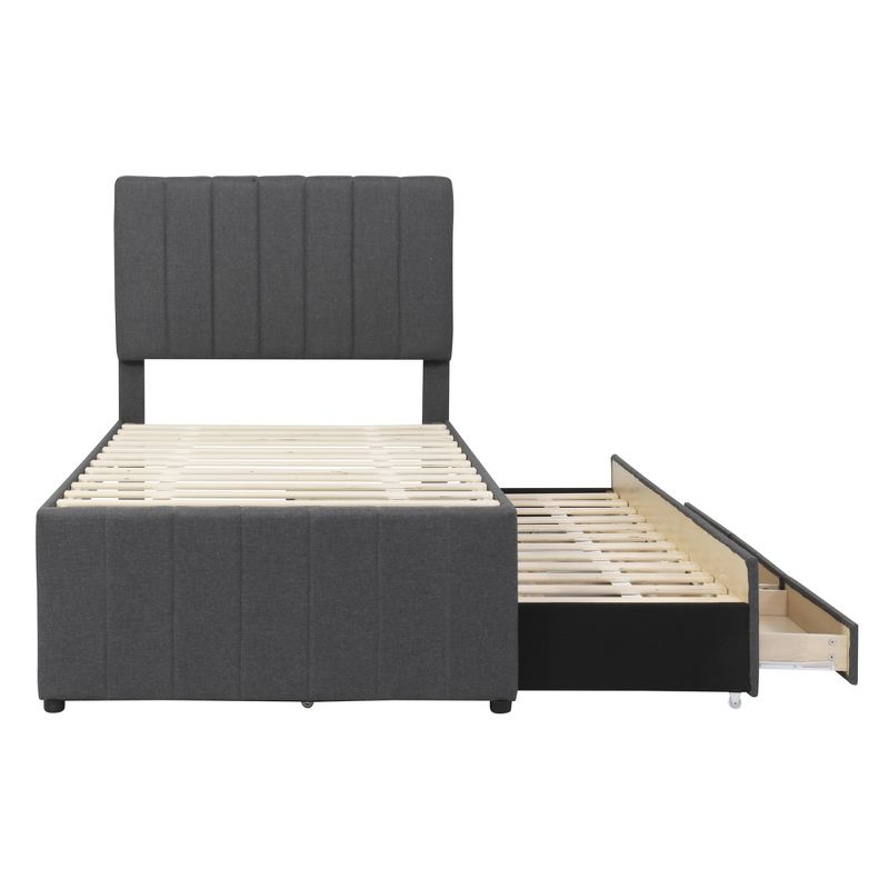 Twin Size Linen Upholstered Platform Bed with Trundle and 3 Drawers - ModernLuxe, 5 of 13