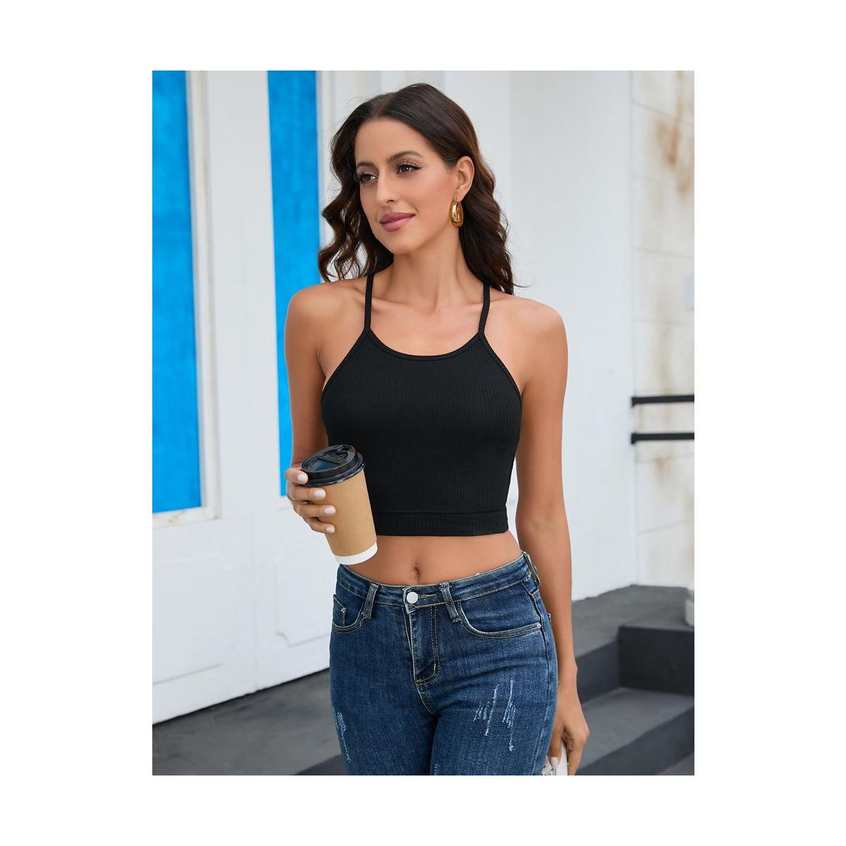Womens Spaghetti Strap Camisole Tank Ribbed Cropped Basic Sleeveless Tops Sports Bra for Women Non Padding Yoga Bra Crop - thumbnail 3