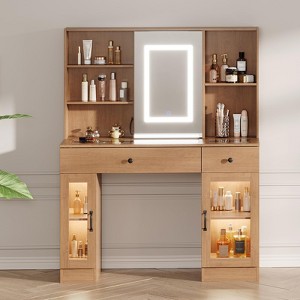 Large Vanity Desk with Sliding Mirror, 3-Color LED Lights & Power Outlets, Makeup Dressing Table with Storage Drawers - 1 of 4