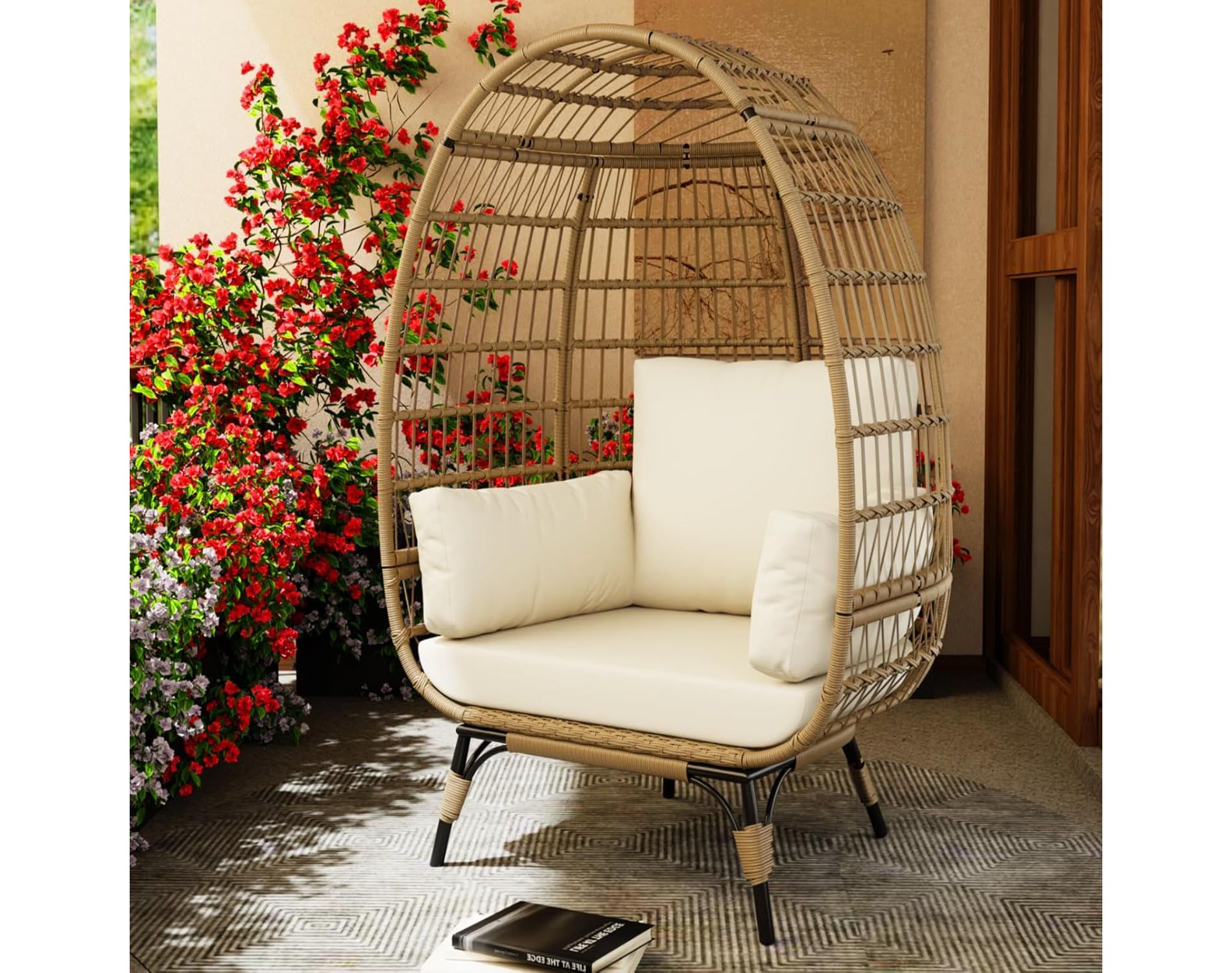 Rattan Egg Chair Indoor/Outdoor Wicker Egg Basket Lounge Chair Egg-Shaped Chair With Steel Frame Stand, 4 Cushions for Patio, Backyard, Living Room