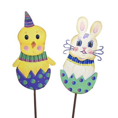 Easter 26.5" Vintage Bunny & Chick Stakes Cracked Egg  -  Outdoor Sculptures And Statues