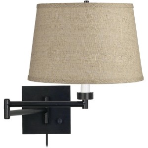 Barnes and Ivy Rustic Farmhouse Swing Arm Wall Lamp Espresso Black Plug-in Light Fixture Burlap Fabric Drum Shade for Bedroom Bedside Living Room Home - 1 of 3