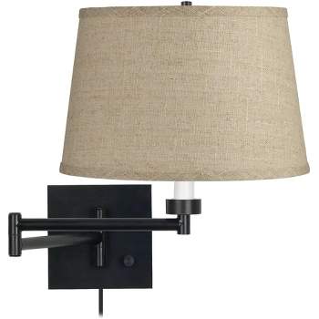 Barnes and Ivy Rustic Farmhouse Swing Arm Wall Lamp Espresso Black Plug-in Light Fixture Burlap Fabric Drum Shade for Bedroom Bedside Living Room Home