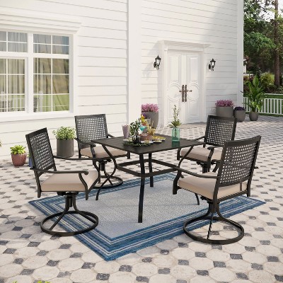 Captiva Designs 5pc Patio Slat-top Square Steel Dining Table with Umbrella Hole & Metal Arm Chairs