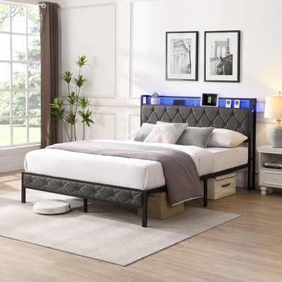 Queen Upholstered Platform Bed with Storage and LED Headboard