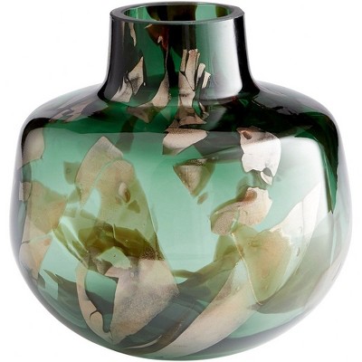 Green and Gold Glass Table Vase with Abstract Design
