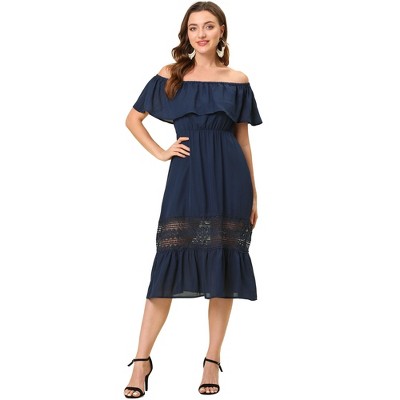 Allegra K Women's Off Shoulder Ruffle Lace Insert High Waist Short Sleeve Flowy Maxi Dress
