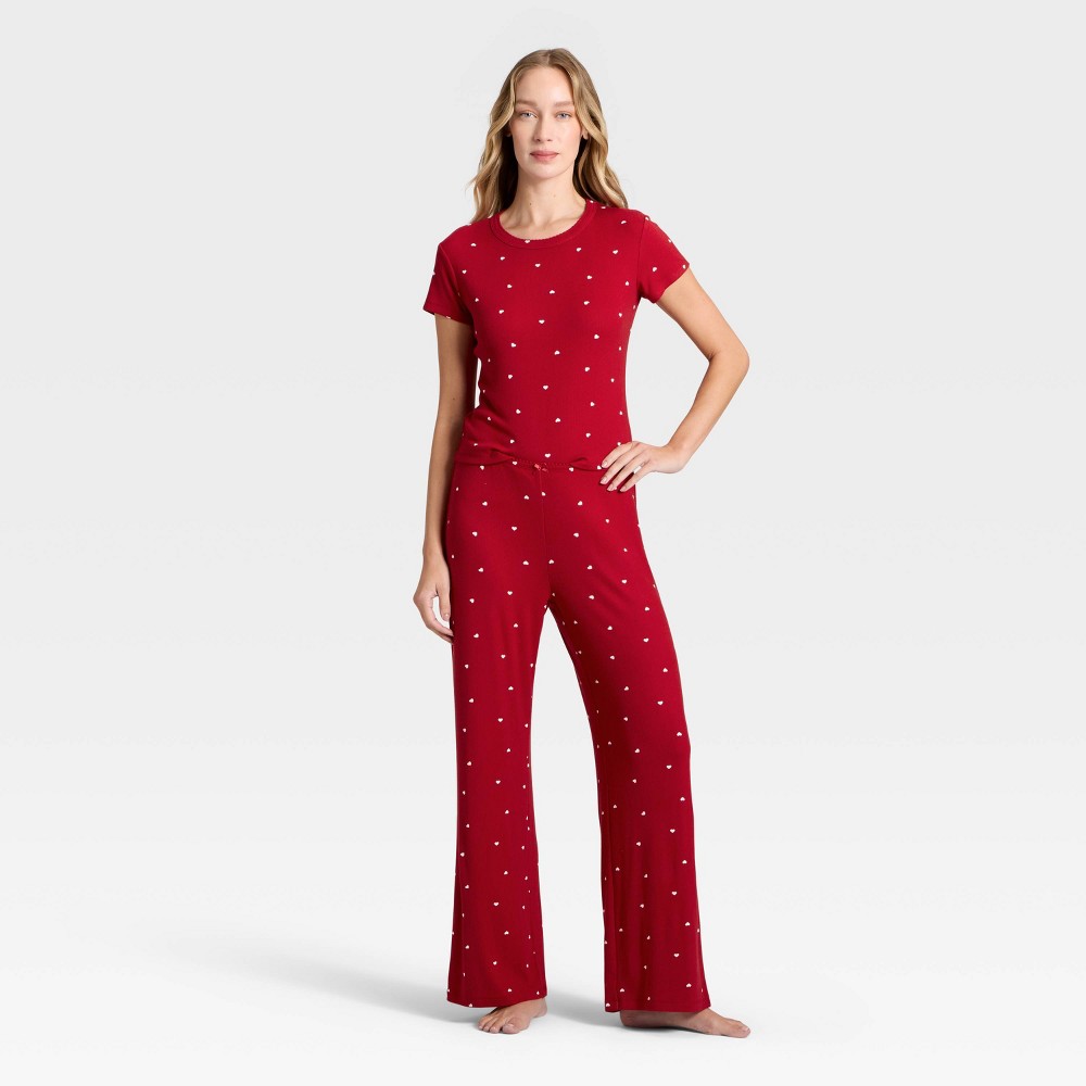 Women's Pointelle Short Sleeve Shirt and Pants Pajama Set - Auden™ Red M