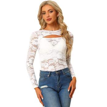 Allegra K Women's See-Through Top Cut Out Long Sleeve Fitted Lace Floral Top