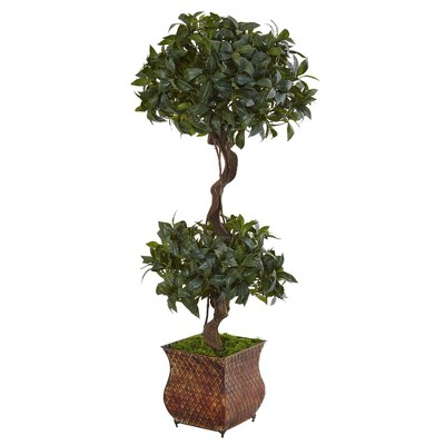 Nearly Natural 4.5-ft Sweet Bay Double Topiary Tree in Metal Planter