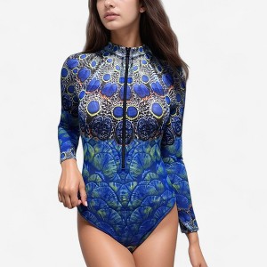Anna-Kaci Women's Long Sleeve One Piece Swimsuit with High Neck Front Zip and Peacock Feather Print Design - 1 of 4