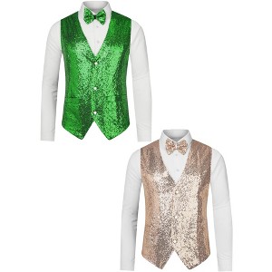 Lars Amadeus Men's Shiny Sequin Sleeveless Suit Vest Set with Bow Tie 2 Packs - 1 of 4