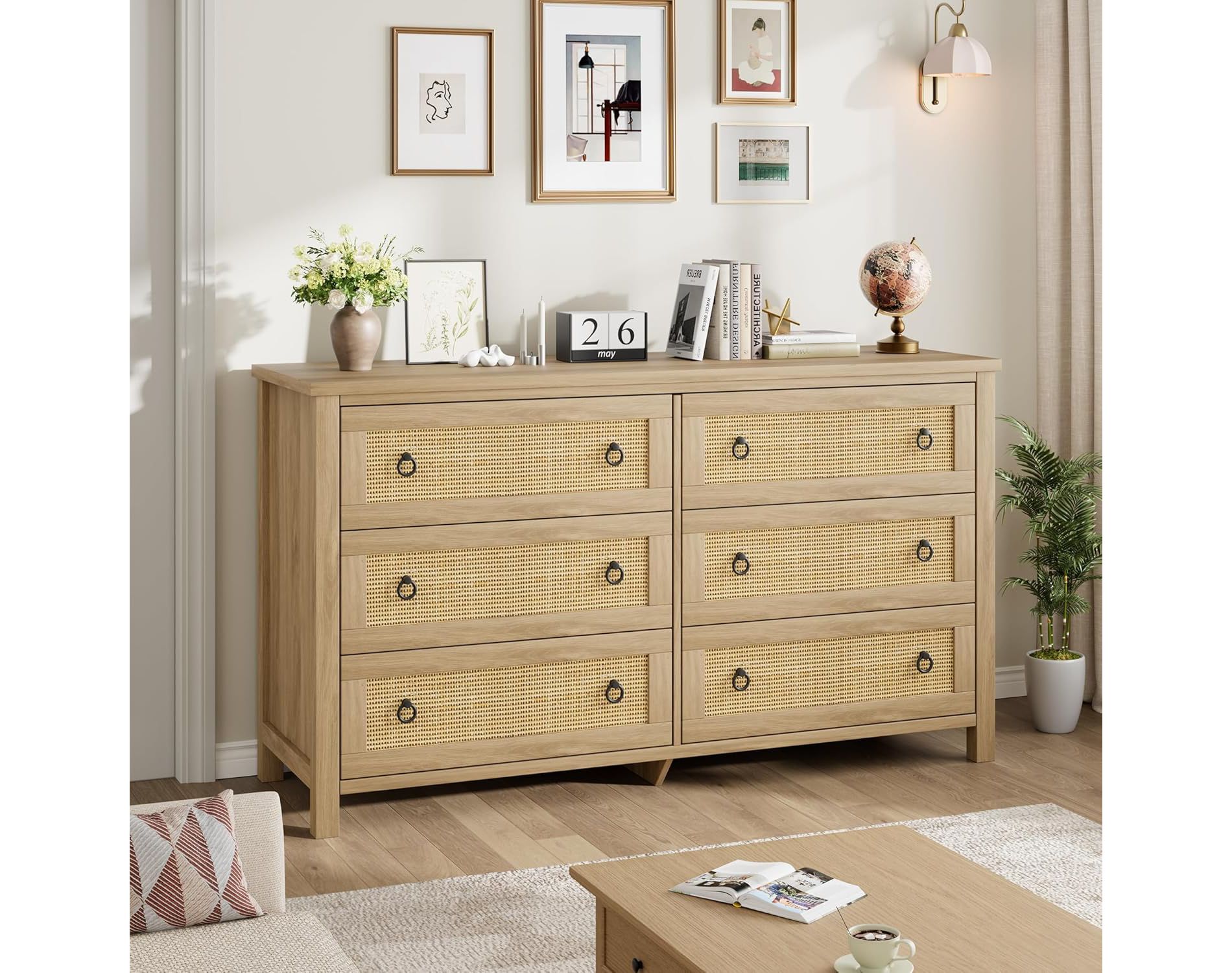 Rattan 6-Drawer Dresser, Wooden Closet Dressers for Bedroom, Living Room and Entryway
