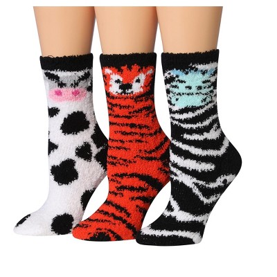Tipi Toe Women's 3-Pairs Cozy Microfiber Anti-Skid Leopard Cheetah Patterned Soft Fuzzy Crew Socks
