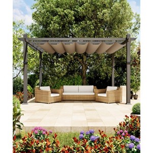 10x10 Ft Outdoor Pergola, Heavy-Duty Aluminum Pergola with with Retractable Canopy, Sun Shade Shelter for Patio Backyard, Grey Frame + Khaki Canopy - 1 of 4