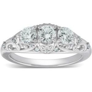Pompeii3 1ct Three Stone Vintage Engagement Unique Ring With Accents 14k White Gold - 1 of 4