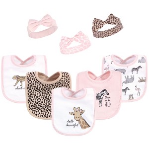 Hudson Baby Infant Girl Cotton Bib and Headband or Caps Set 8pk, Leopard Safari, One Size - 1 of 4