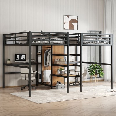 NicBex Twin Over Twin Metal Loft Bed with Double Desks,Wardrobe&Charging Station,Space-Saving&Noise Reduced Double Loft Bed for 2,350lbs Max