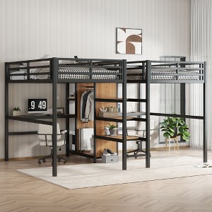 NicBex Metal Loft Bunk Bed with Double Desks,Wardrobe&Charging Station,Space-Saving&Noise Reduced Double Loft Bed - 1 of 4