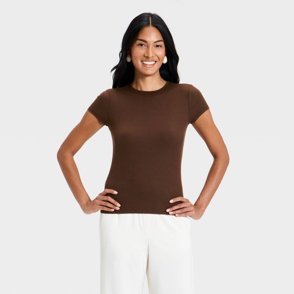 Women's Short Sleeve Ribbed T-Shirt - A New Day™ Brown M