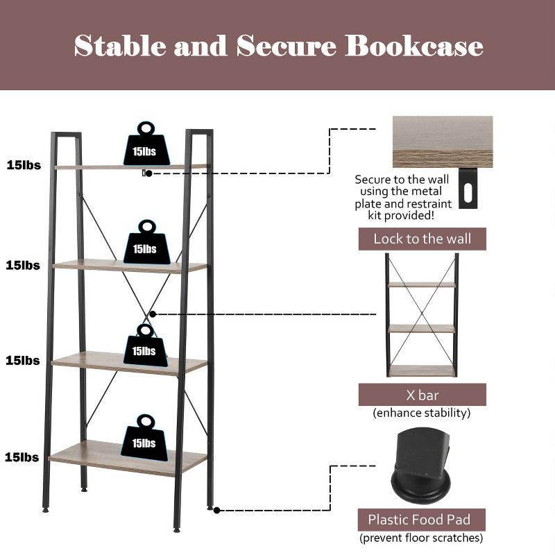 LuxenHome 4-Shelf 58.3" x 23.62" W Wood and Metal Ladder Bookcase. Brown, 5 of 17