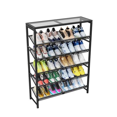 Simple Trending Shoe Rack, 6 Tier Shoe Organizer Holds 25 Pairs, Metal Shoe Storage with Adjustable Shelves, Tempered Glass, Black