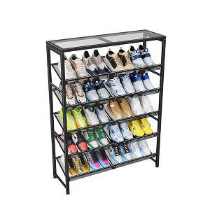 Simple Trending Shoe Rack, 6 Tier Shoe Organizer Holds 25 Pairs, Metal Shoe Storage with Adjustable Shelves, Tempered Glass, Black - 1 of 4