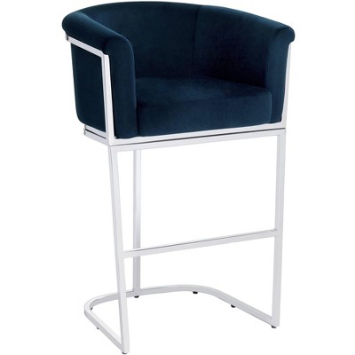 Studio 55D Chrome Bar Stool 31" High Modern Blue Velvet Cushion Upholstered with Backrest Footrest Kitchen Counter Height Island