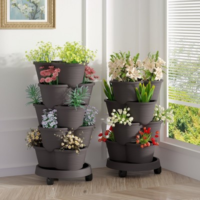 VECELO 5-Tier Vertical Garden Planter, Self Watering Stackable Planter with Wheels for Strawberries, Flowers, Vegetables, Set of 1/2