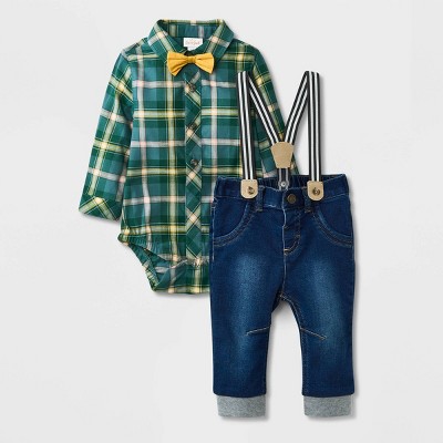 Image of Baby Boys' Plaid Poplin Suspender Set with Bowtie - Cat & Jack™ Forest Green 3-6M