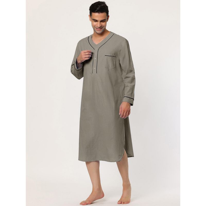 Lars Amadeus Men's Cotton Long Sleeves Chest Pocket Henley One Piece Nightgown, 2 of 6