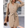 Women's Tie Belt Button Down Shirt Dress Casual Office Mini Length Dress Khaki L - 3 of 4