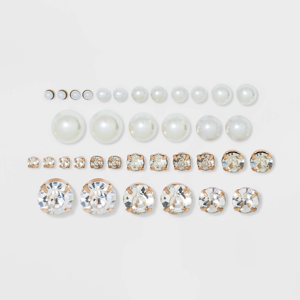 Photos - Earrings Pearl & Rhinestone Cubic Zirconia Stud Earring Set 18pc - Wild Fable™ Whit