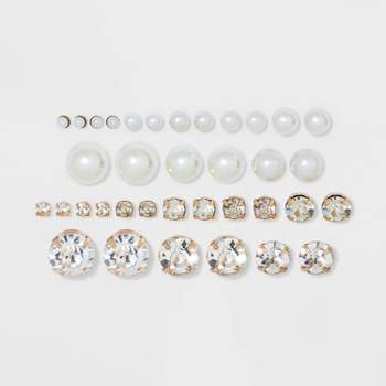 Pearl & Rhinestone Cubic Zirconia Stud Earring Set 18pc - Wild Fable™ White