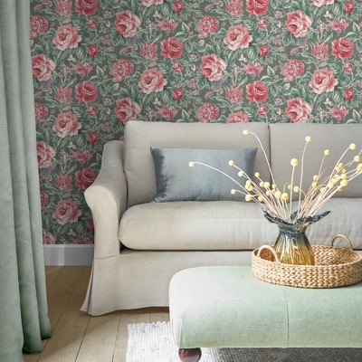 Wild Roses Fern Green and Pink Floral Wallpaper Roll