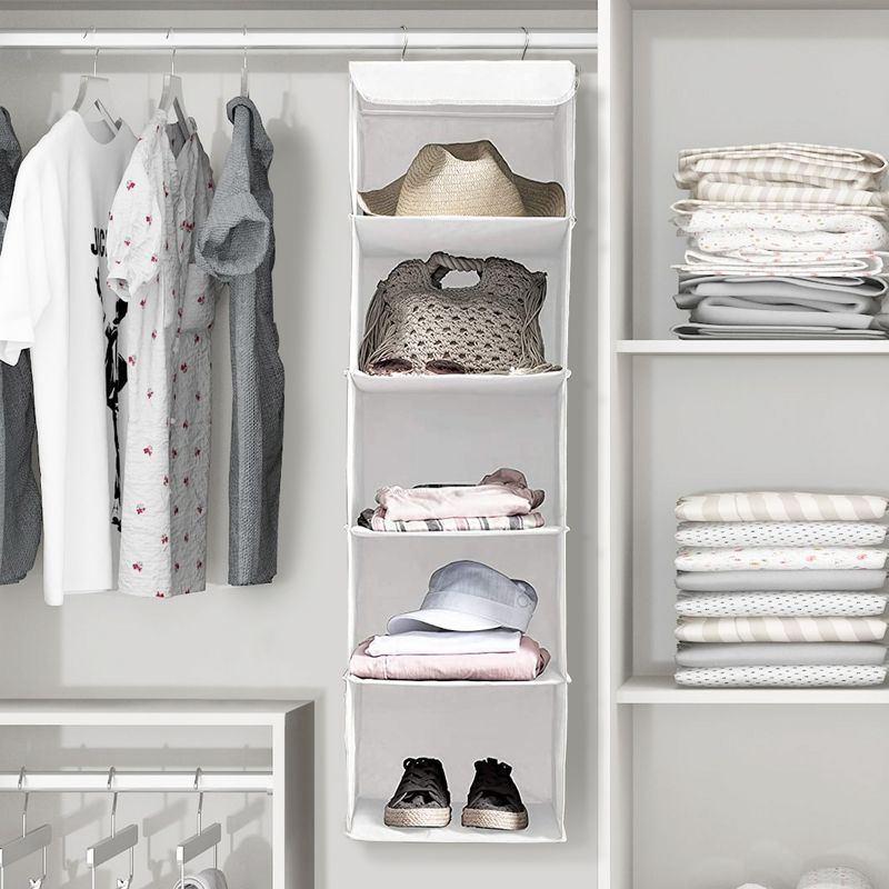 OSTO 5-Shelf Hanging Closet Organizer Closet Shelves with Mesh Pockets; Hanging Shelf for Clothes, Bags, Hats, and More, 2 of 5