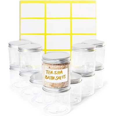 Juvale 12 Pack Round Plastic Jars with Metal Lids, 6oz Clear Food Storage Containers with Label Stickers for Spice, Powder and Cooking Oil