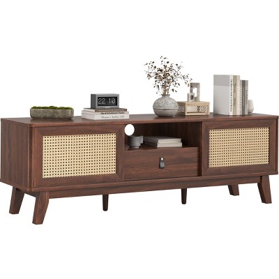 GlasFlength TV Stands and Consoles Rattan TV Stan Wood TV Stand Mid Century Modern TV Stand TV Media Console for Living Room, Brown, 64"*19"*5"