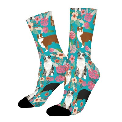 Australian Shepherd Dogs Florals Women Printed Crew Socks Funny Funky Socks Soft Polyester Novelty Gifts for Artists Men