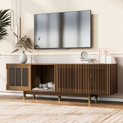 Modern Walnut TV Stand And Cat House,Pet Friendly Furniture With Sliding Glass And Flip Down Door–LAOTIES