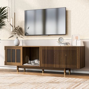 Modern Walnut TV Stand And Cat House,Pet Friendly Furniture With Sliding Glass And Flip Down Door–LAOTIES - 1 of 4